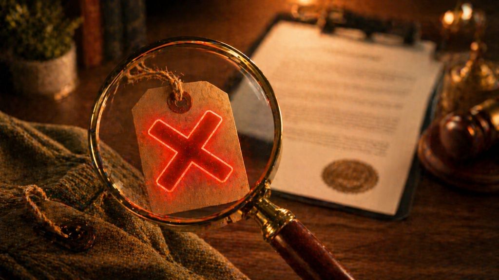 A magnifying glass hovering over a product tag with a red X stamped over it, symbolizing trademark rejection.