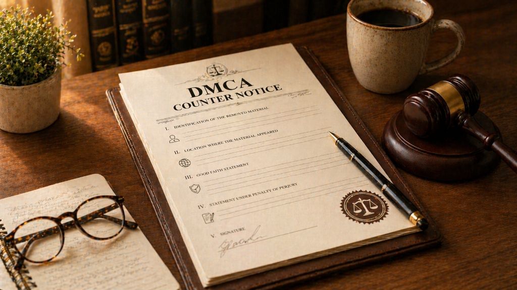 A detailed legal document titled DMCA Counter Notice resting on a wooden desk next to a gavel and a coffee cup.