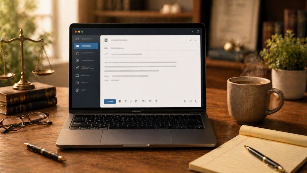 A polished, professional email draft on a laptop screen next to a coffee cup and a legal pad, representing a calm response to an IP notice.