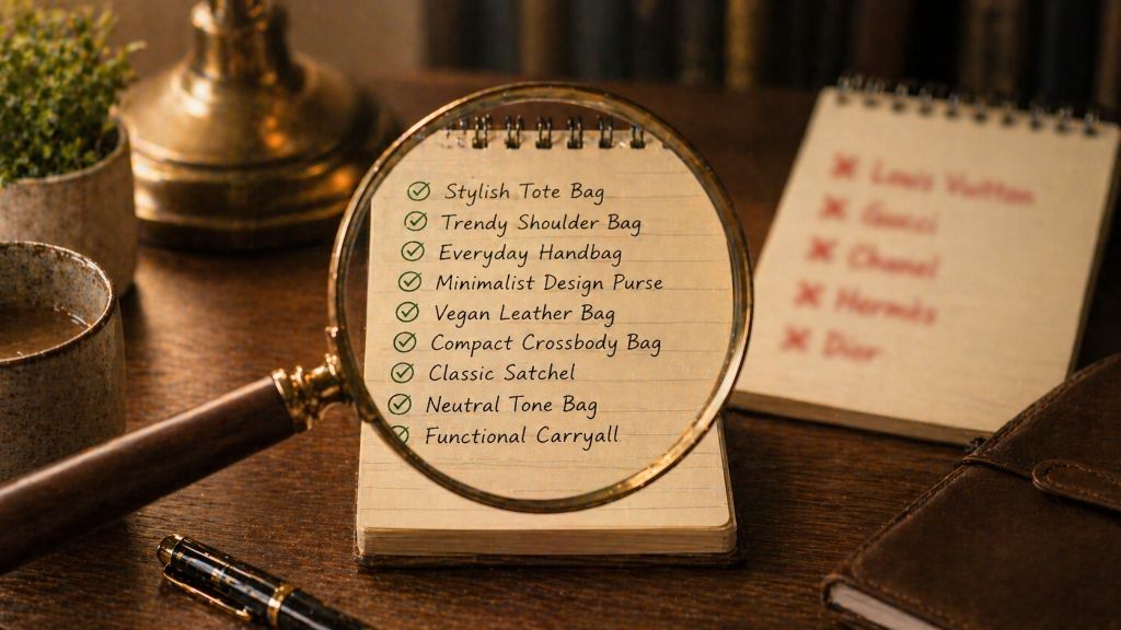 A magnifying glass hovering over a list of descriptive, safe keywords written on a notepad, with risky brand names blurred out in the background.