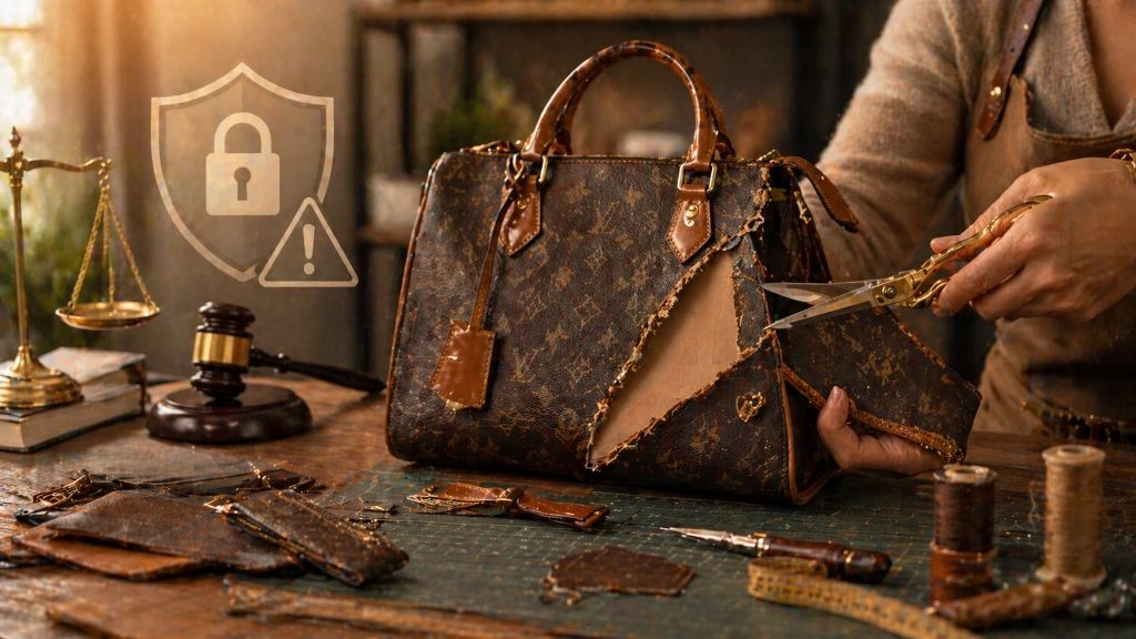 A premium designer handbag being modified with crafting tools, overlaid with a legal warning symbol to represent IP risks in upcycling.