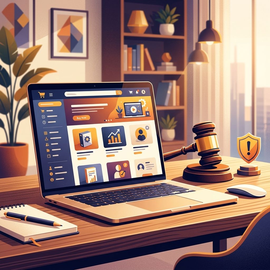 Illustration of a laptop showing an online store with a legal gavel, representing Etsy trademark enforcement.