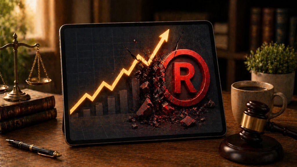 An upward trending line graph on a tablet screen crashing into a red trademark symbol.
