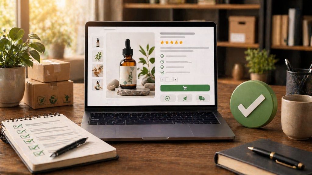 A laptop showing a polished e-commerce listing with a checklist notepad and green checkmark badge on a workspace.