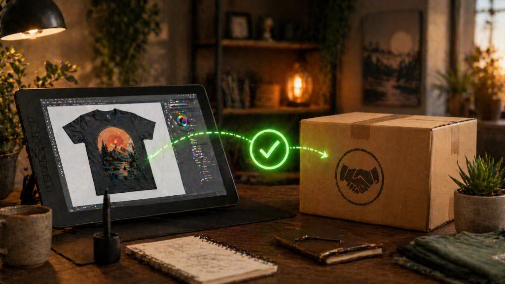 A modern desk setup showing a designer's sketching tablet connected to a shipping box stamped with Production Partner via a glowing green checkmark.