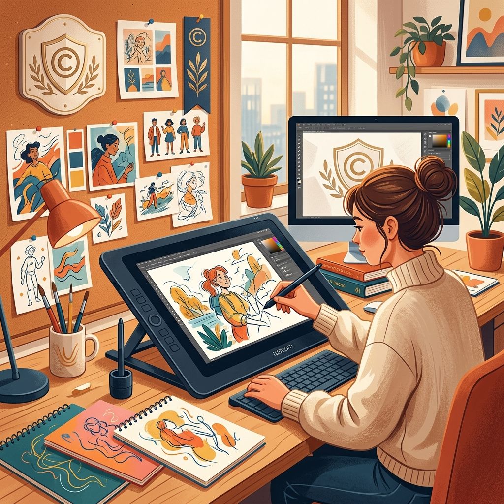 A creative workspace showing a drawing tablet with sketches and a copyright protection shield, representing compliance for digital artists.