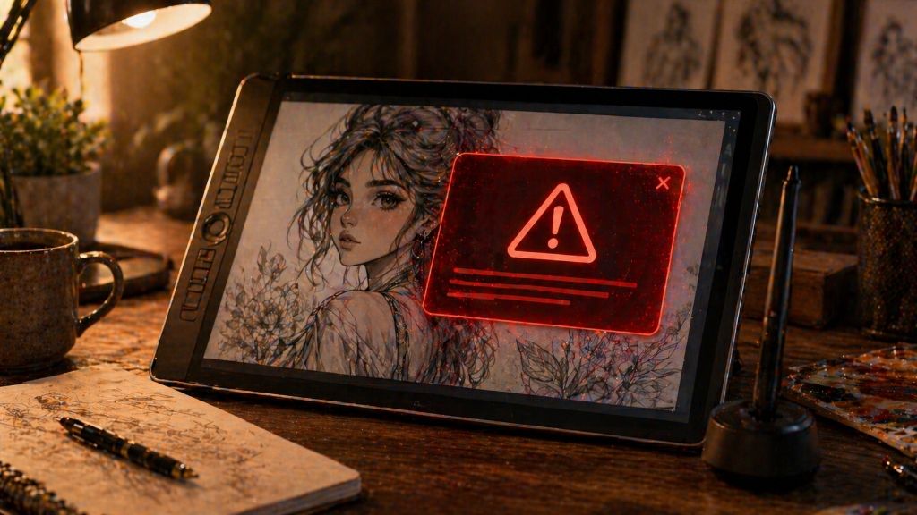 A digital drawing tablet with a character sketch, obscured by a red Copyright Claim notification.