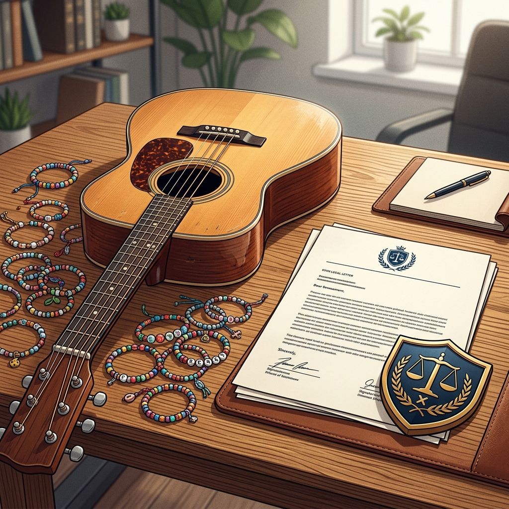 An acoustic guitar and friendship bracelets next to a legal document, representing the clash between fan crafts and intellectual property enforcement.