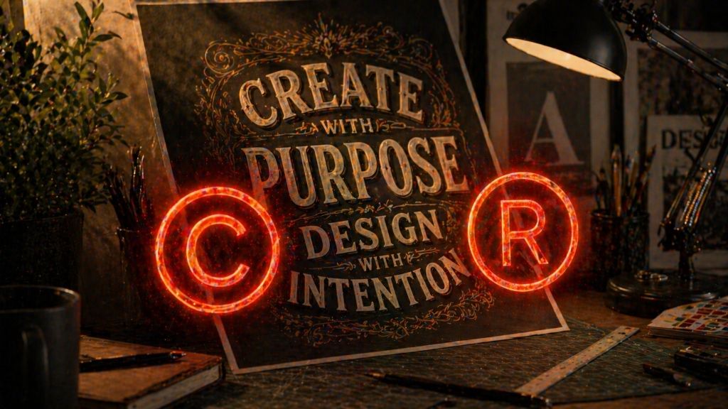 A typography poster reading Create with Purpose resting on a desk, partially obscured by glowing red copyright and registered trademark symbols.