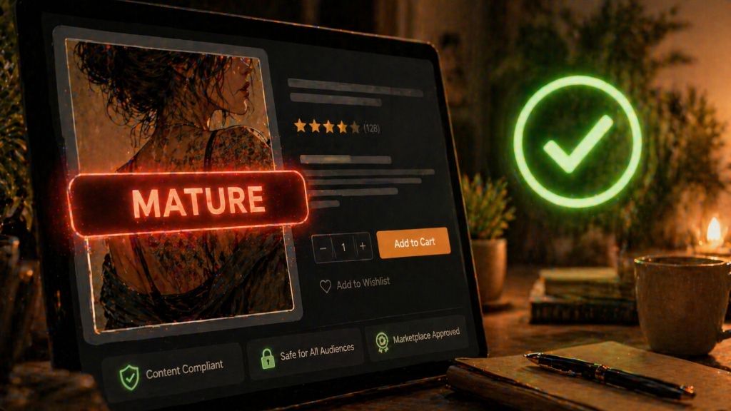 A tablet displaying an e-commerce listing with a sleek glowing censor bar reading MATURE over the image. A green checkmark indicates compliance.
