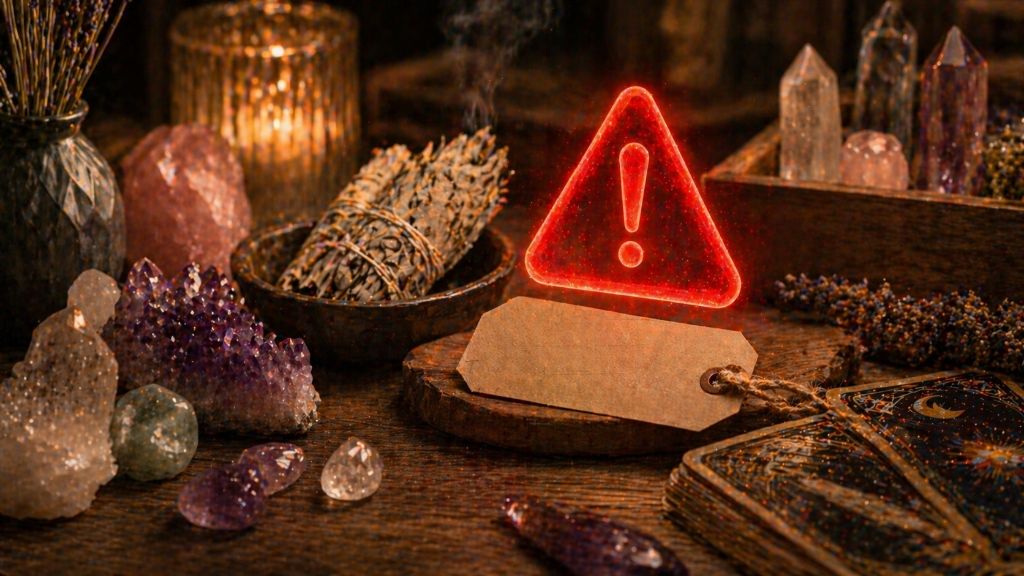 A beautiful aesthetic display of crystals, sage, and tarot cards on a wooden table. Hovering above a handwritten price tag is a glowing red warning icon.