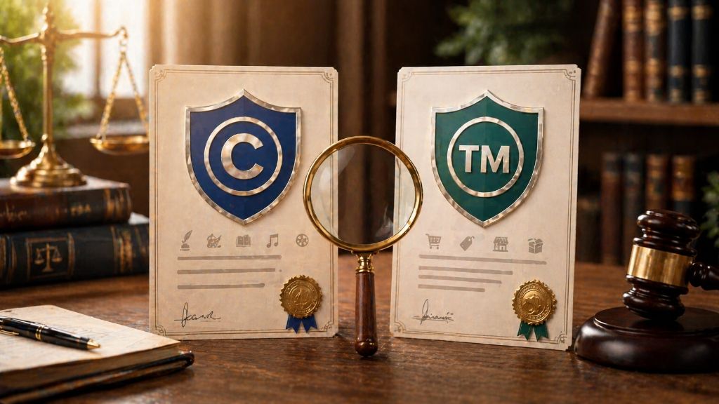 Two distinct legal shields side by side on a desk, one with a copyright symbol and the other with a trademark symbol, separated by a magnifying glass.
