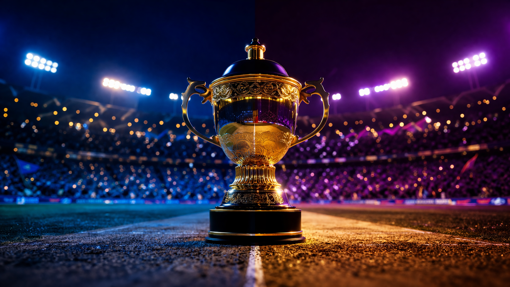 Glowing 3D IPL cricket trophy on a pitch surrounded by Gujarat Titans and Kolkata Knight Riders team colors under stadium lights
