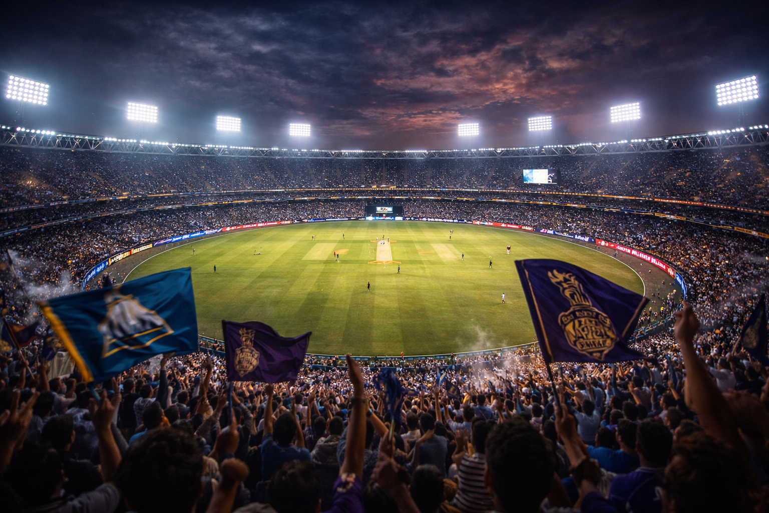A packed Narendra Modi Stadium illuminated under night floodlights during the GT vs KKR IPL 2026 cricket match