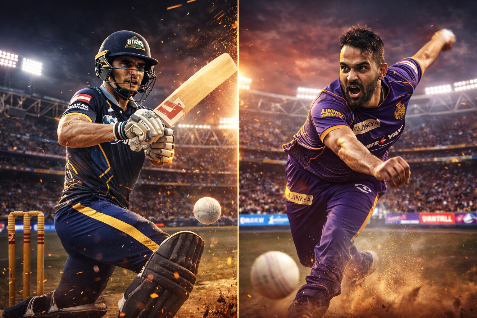 Split screen graphic showing a Gujarat Titans batter playing a cover drive and a Kolkata Knight Riders fast bowler in action.