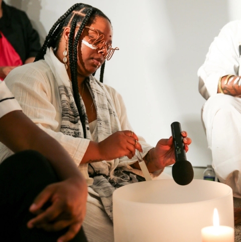 Patrisse Cullors at the sound healing ceremony at the opening of Southern Guild Los Angeles