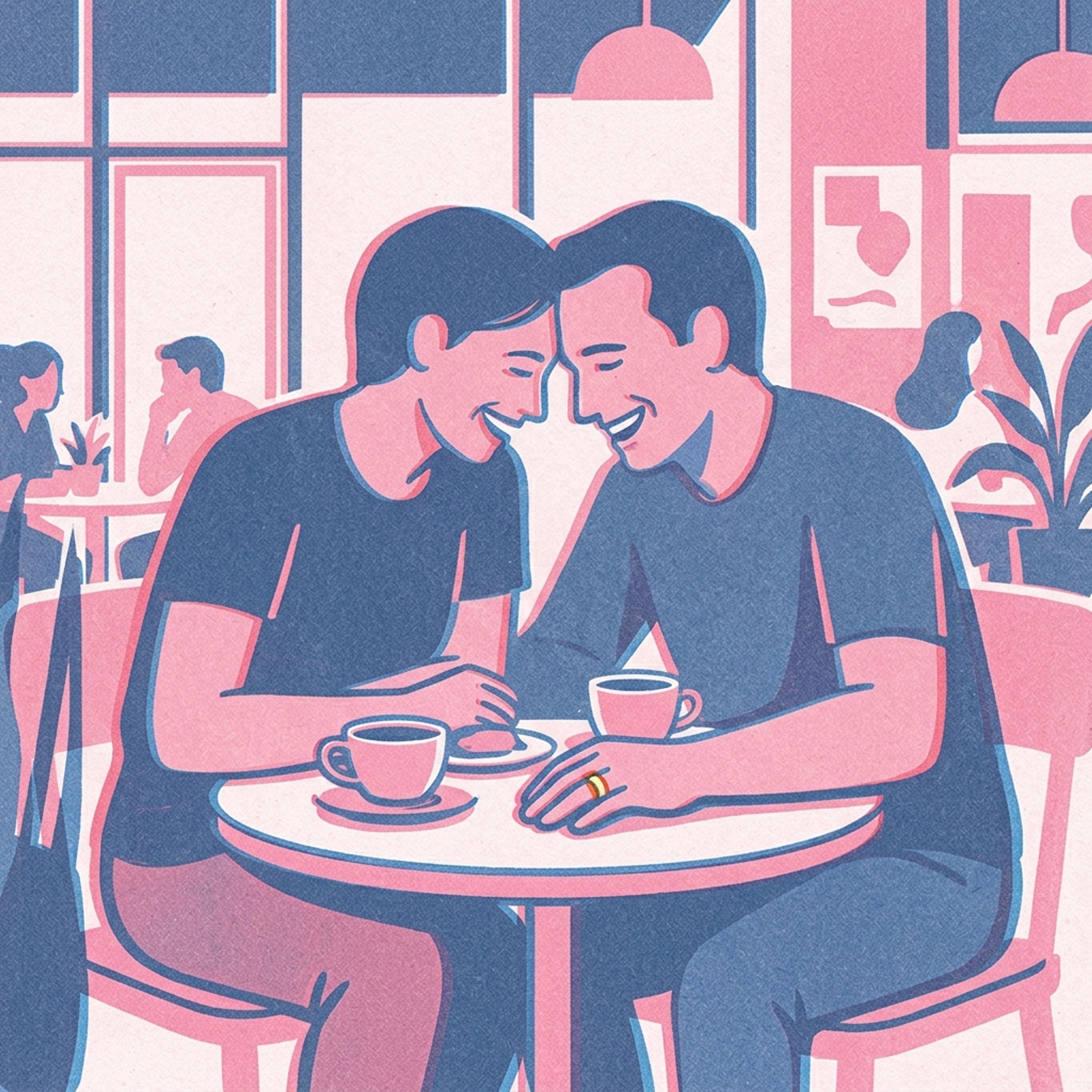 İki kişi küçük bir kafe masasında birbirine yaklaşıp gülüyor, fincanların yanında duran elde bir alyans görünüyor. Pembe-mavi editoryal illüstrasyon, tram noktalı doku.