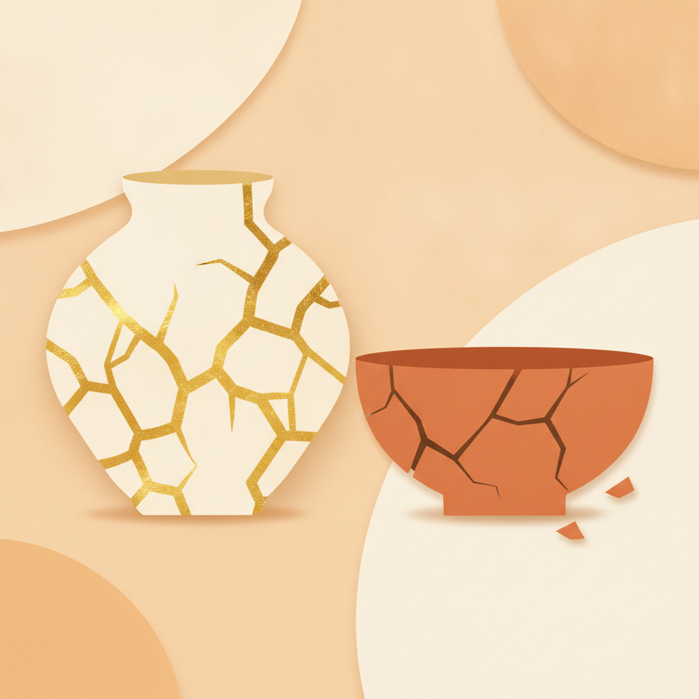 Biri altın iplikle tamamen onarılmış, diğeri hâlâ çatlak duran iki farklı seramik kabı yan yana gösteren kintsugi tarzı illüstrasyon