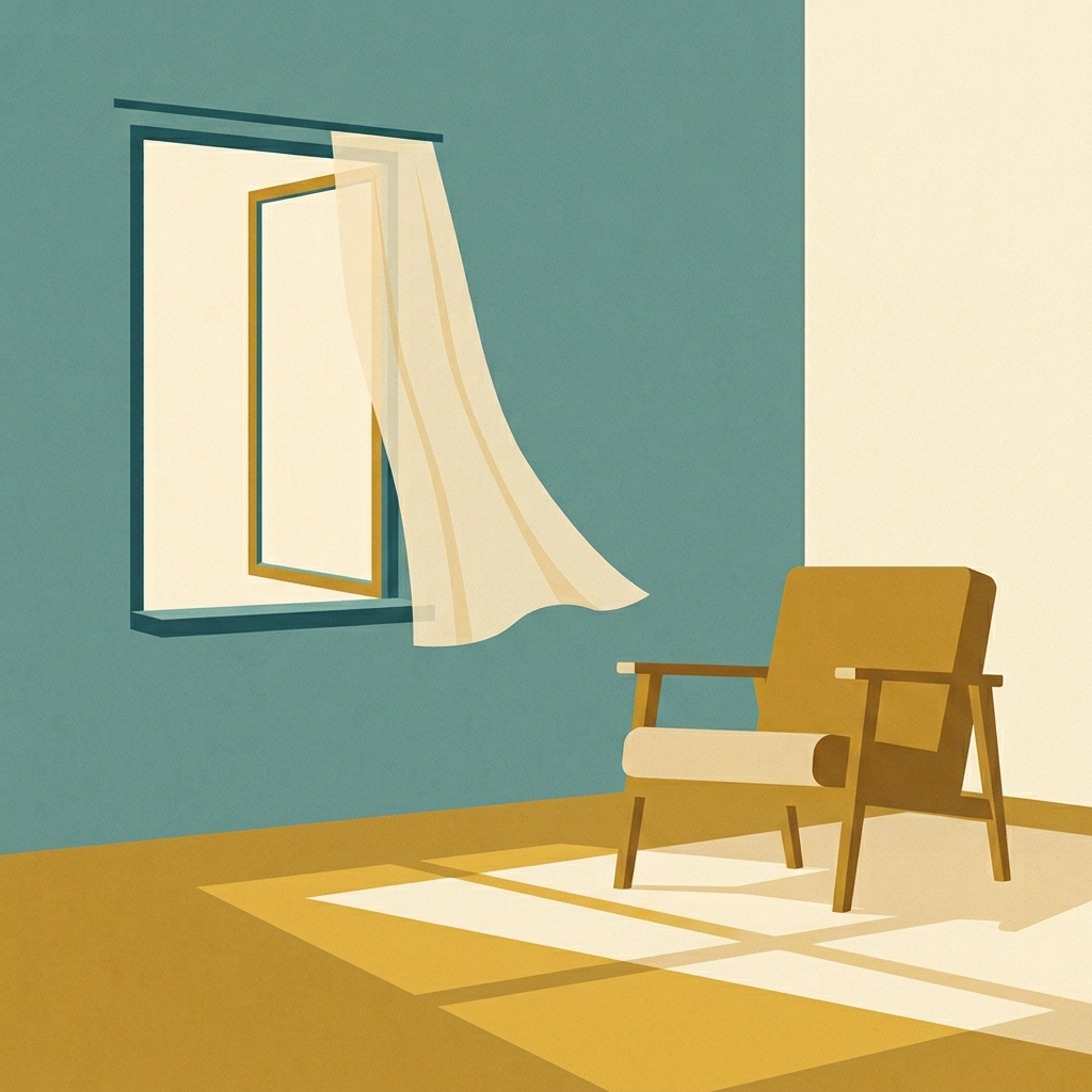 Açık bir pencereden içeri süzülen ince bir perde ve yanında boş bir sandalye, öğleden sonra ışığı, geniş boşluklu mid-century modern düz illüstrasyon