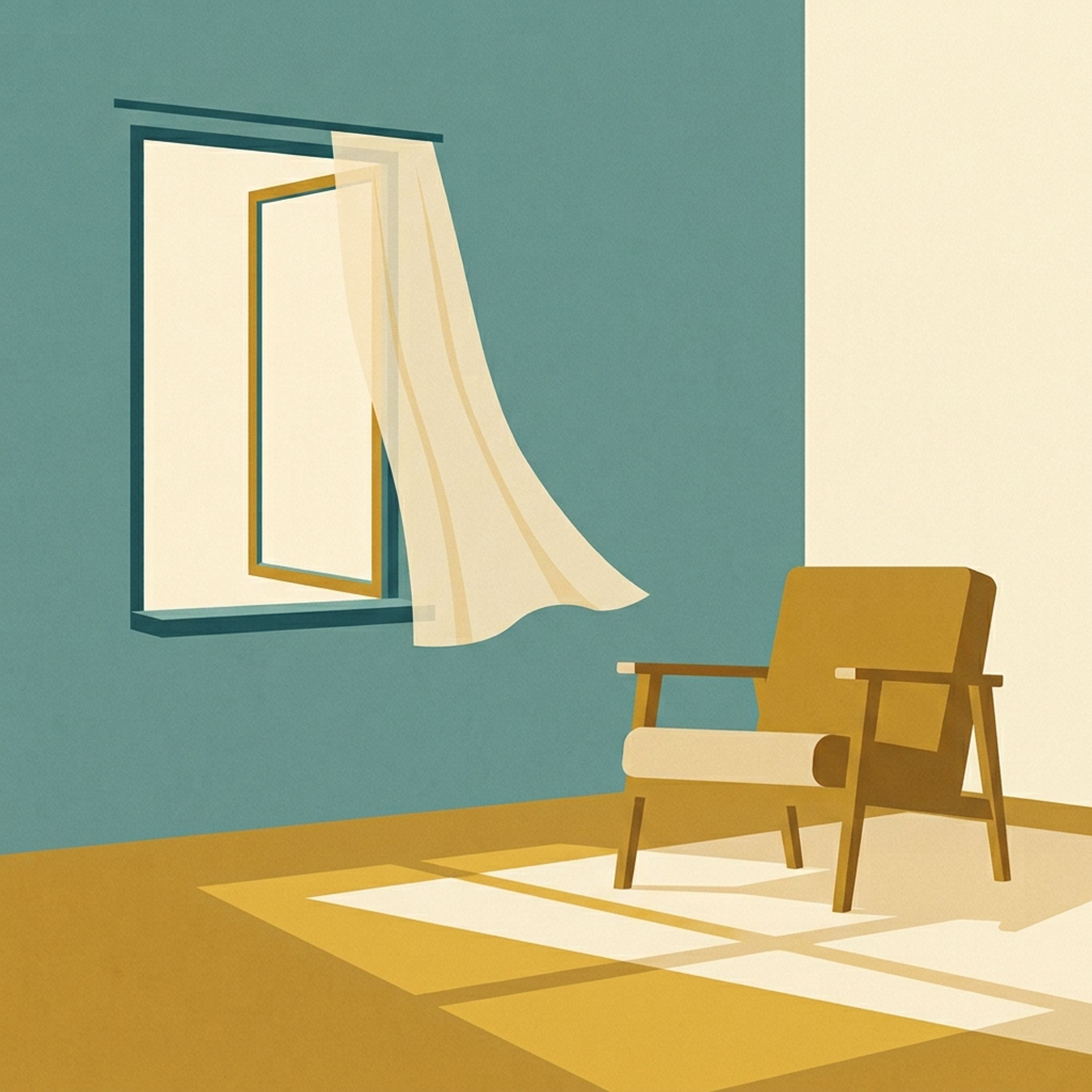 Açık bir pencereden içeri süzülen ince bir perde ve yanında boş bir sandalye, öğleden sonra ışığı, geniş boşluklu mid-century modern düz illüstrasyon