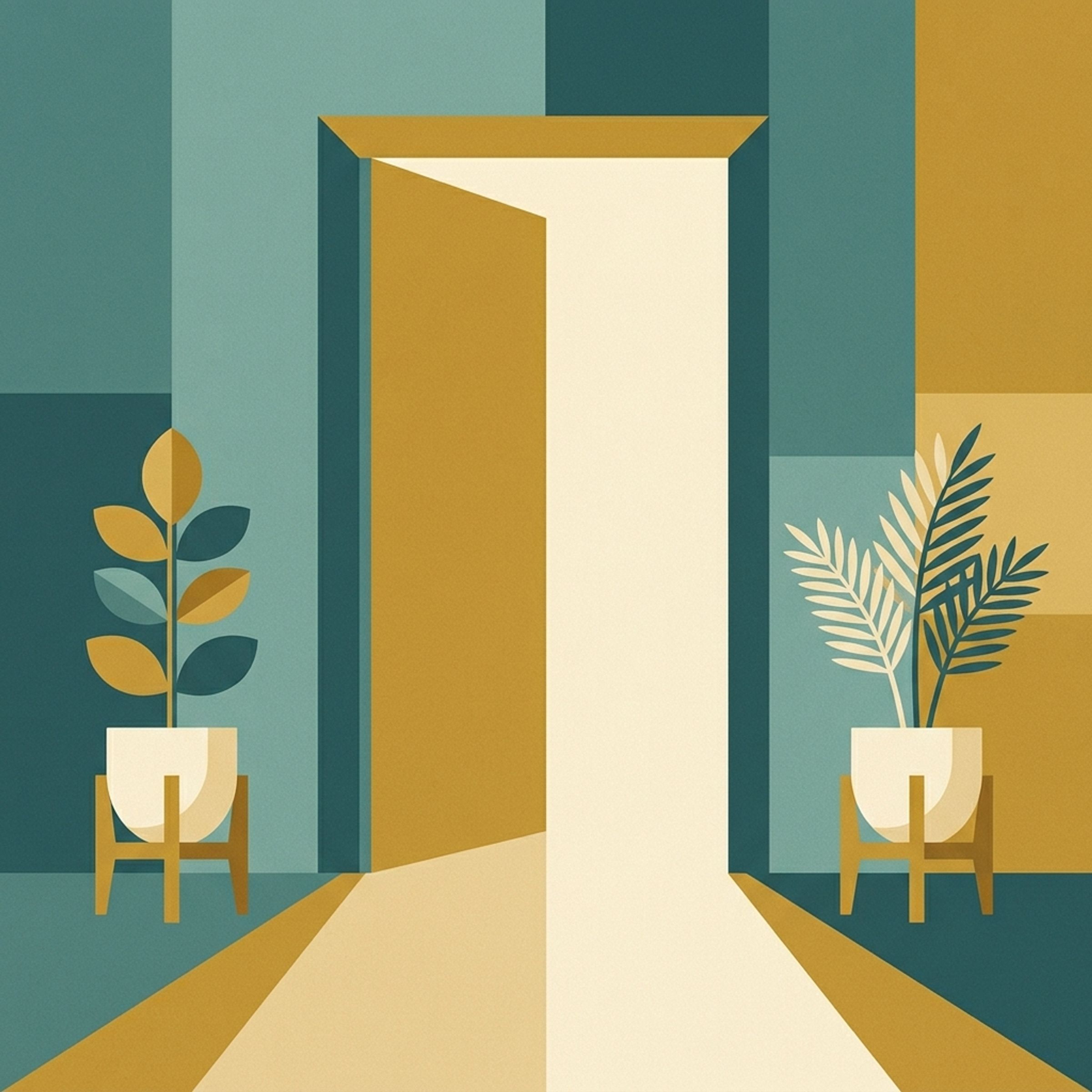 Her iki yanına da sıcak ışık düşen açık bir kapı, eşiğin iki tarafında birer saksı bitki, yolu kapatan hiçbir şey yok, minimalist mid-century modern düz illüstrasyon