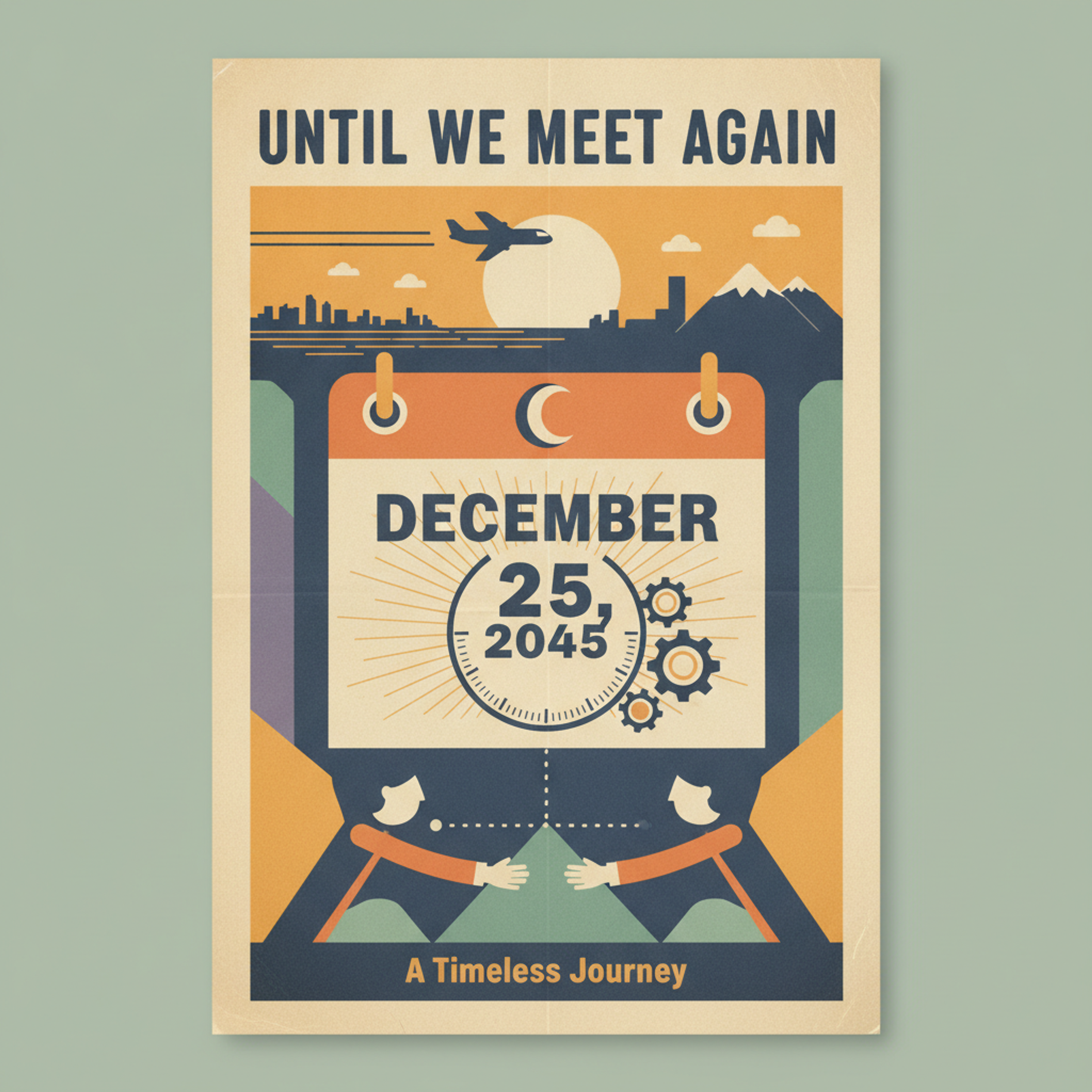 Bir takvimde işaretlenmiş uzak bir buluşma tarihini sembolize eden retro poster illüstrasyonu