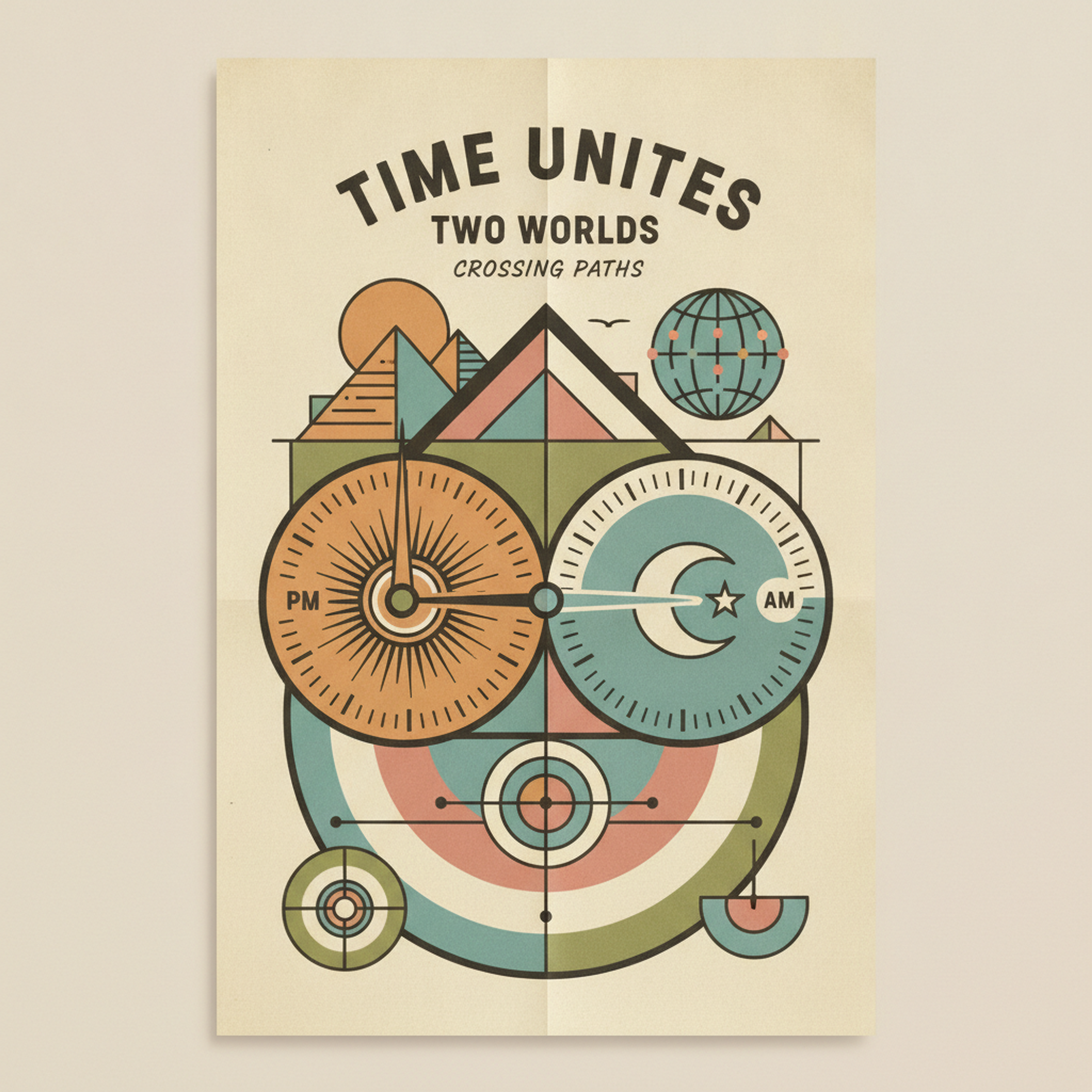İki farklı saat diliminin ibrelerinin kısa bir an için çakıştığı anı sembolize eden retro poster illüstrasyonu