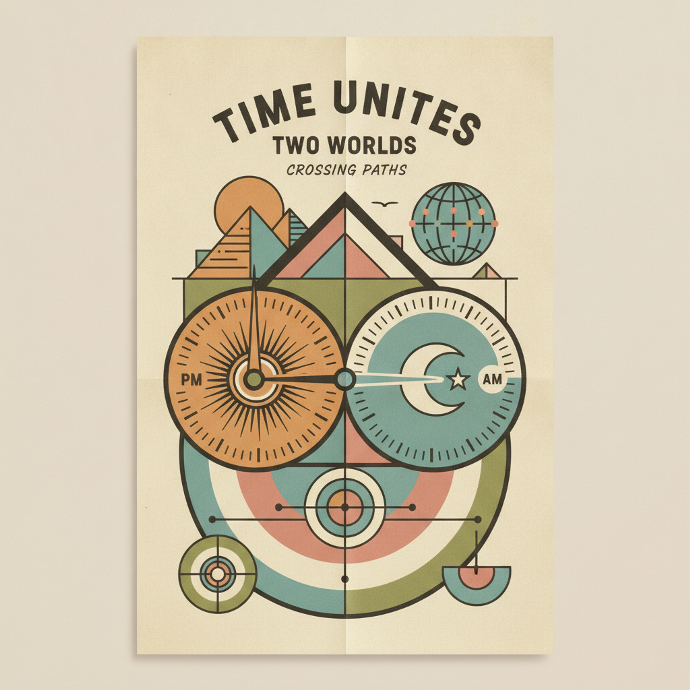 İki farklı saat diliminin ibrelerinin kısa bir an için çakıştığı anı sembolize eden retro poster illüstrasyonu