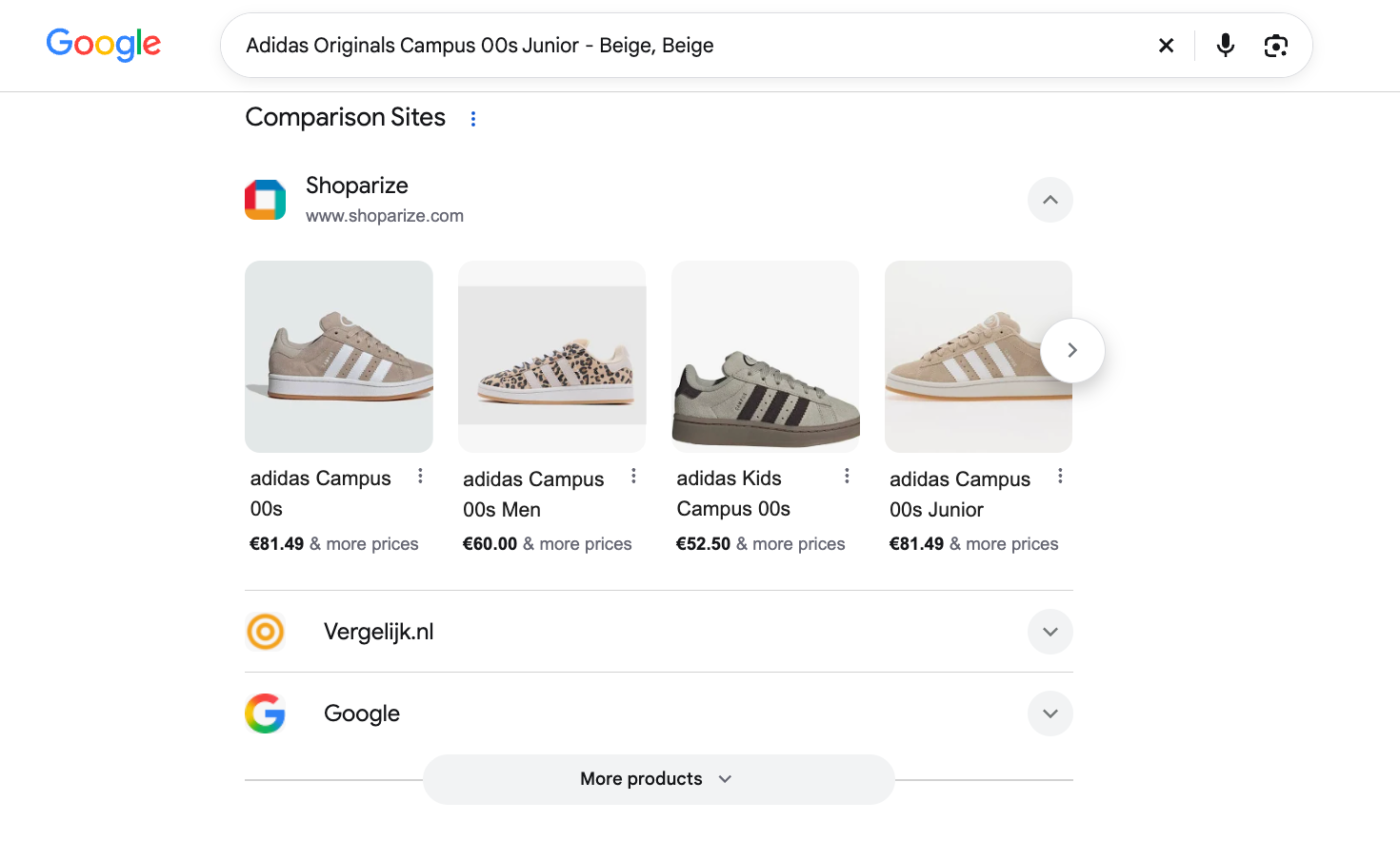 Alt-text: Googles sökresultat visar Shoparize-raden först och expanderad med adidas Campus 00s-sneakers och priser, ovanför minimerade rader för Vergelijk.nl och Google.