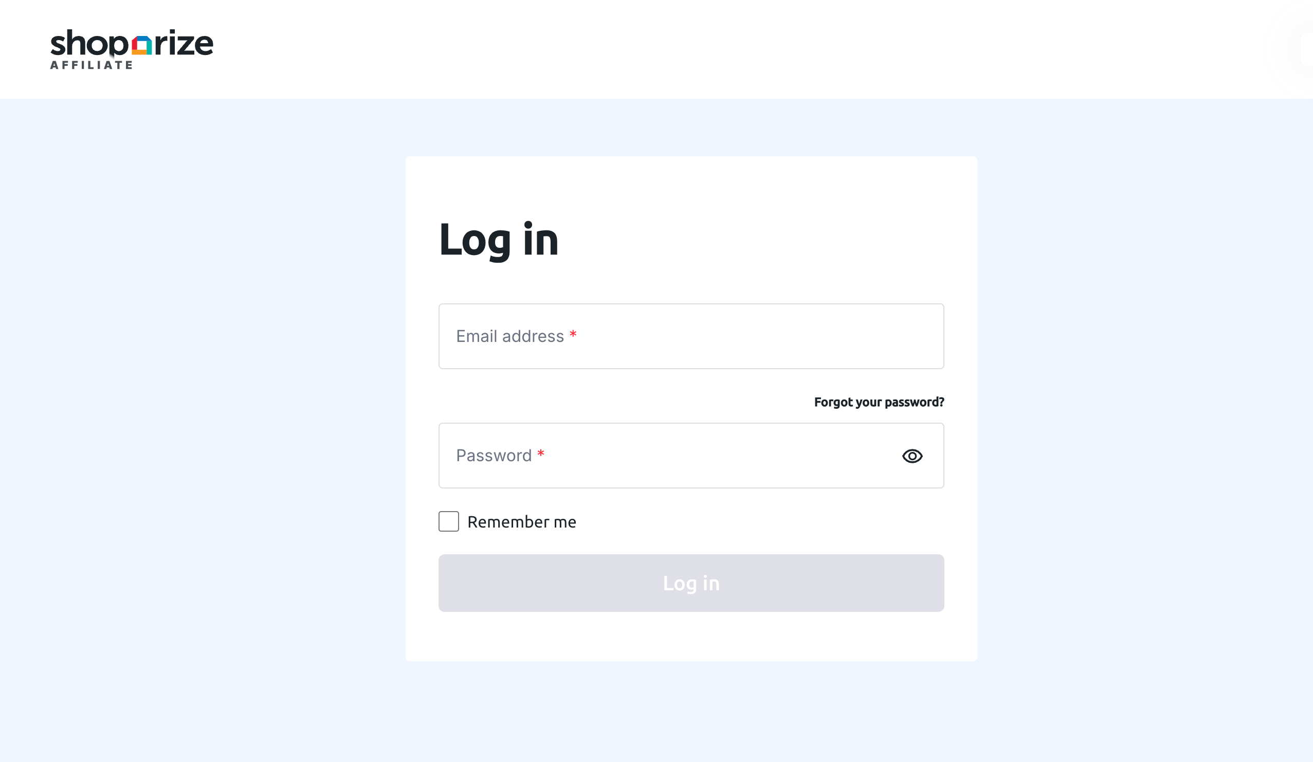 Shoparize Performance Dashboard-loginside med felter til e-mailadresse og adgangskode