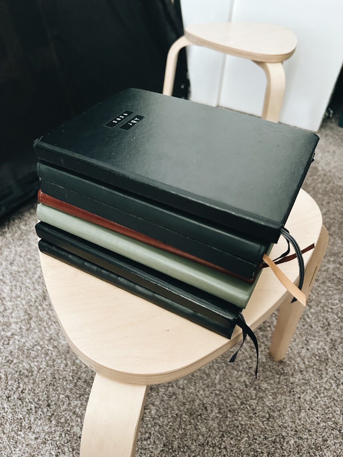 A stack of nine labeled journals