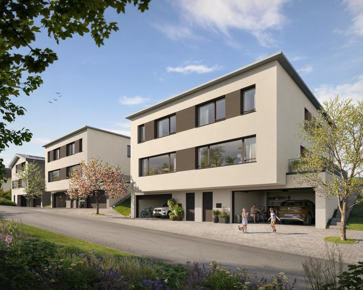 Privat wohnen, gemeinsam leben: An der Vogelbergstrasse in Uzwil entstehen moderne Eigenheime, die Rückzug und Nachbarschaft auf ideale Weise verbinden.