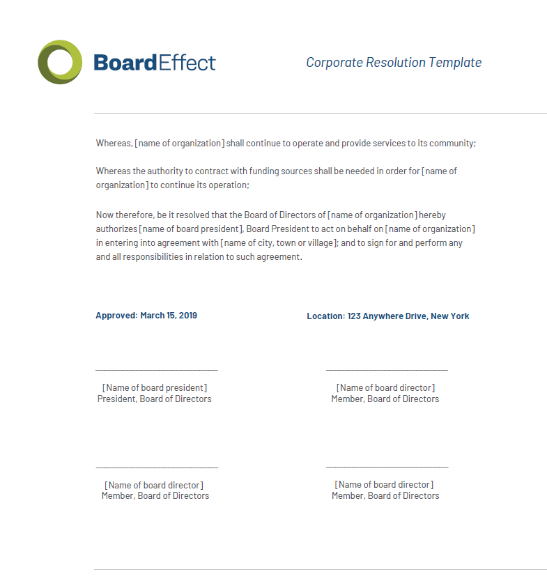 Corporate resolution template for a board of directors