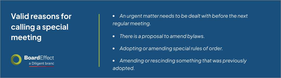 Valid reasons for calling a special meeting