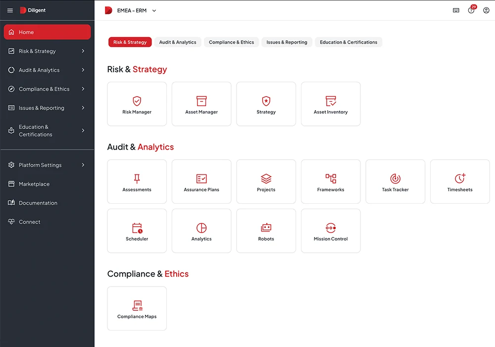 Diligent risk monitoring platform interface with Risk & Strategy section featuring Risk Manager and Asset Manager, Audit & Analytics tools including Assessments and Frameworks, and Compliance & Ethics module