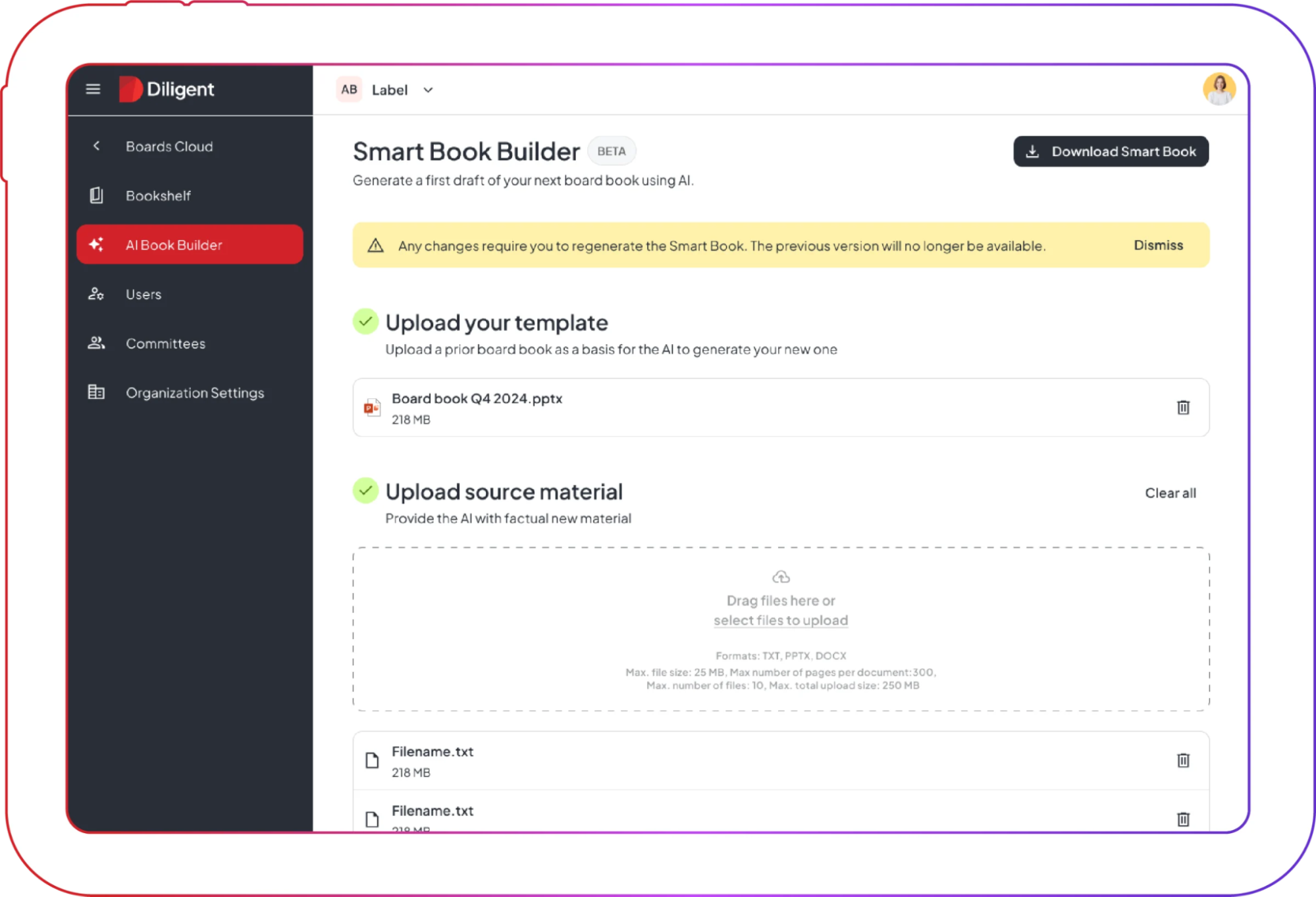 Picture of Diligent dashboard showing Smart book builder