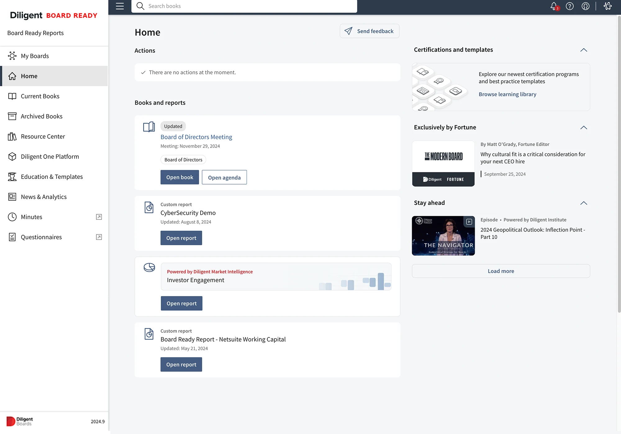 Diligent board books and reports view, which streamlines proxy statement preparation.