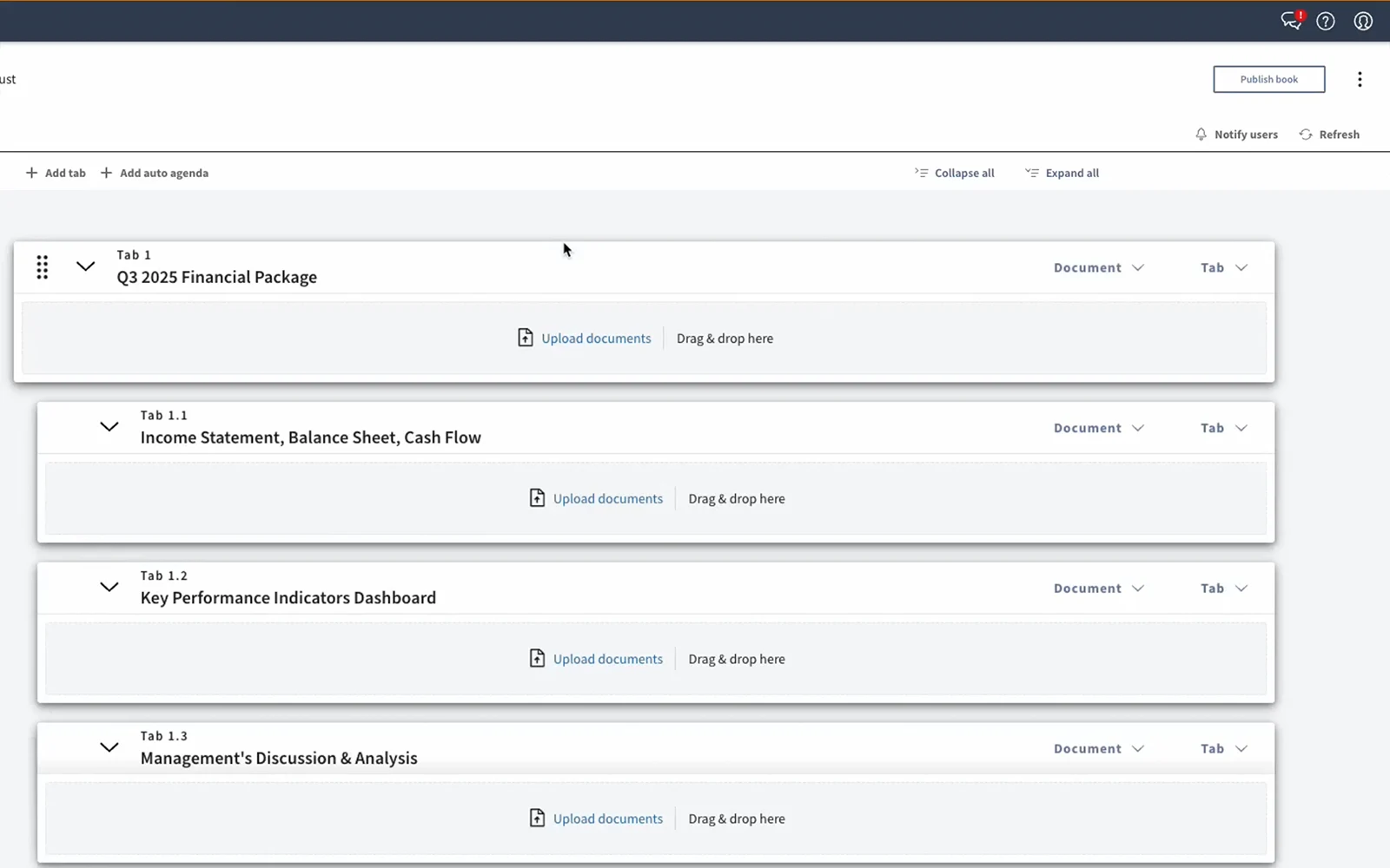 Diligent GRC AI platform interface showing automated document organization for income statements, KPI dashboards, and management analysis