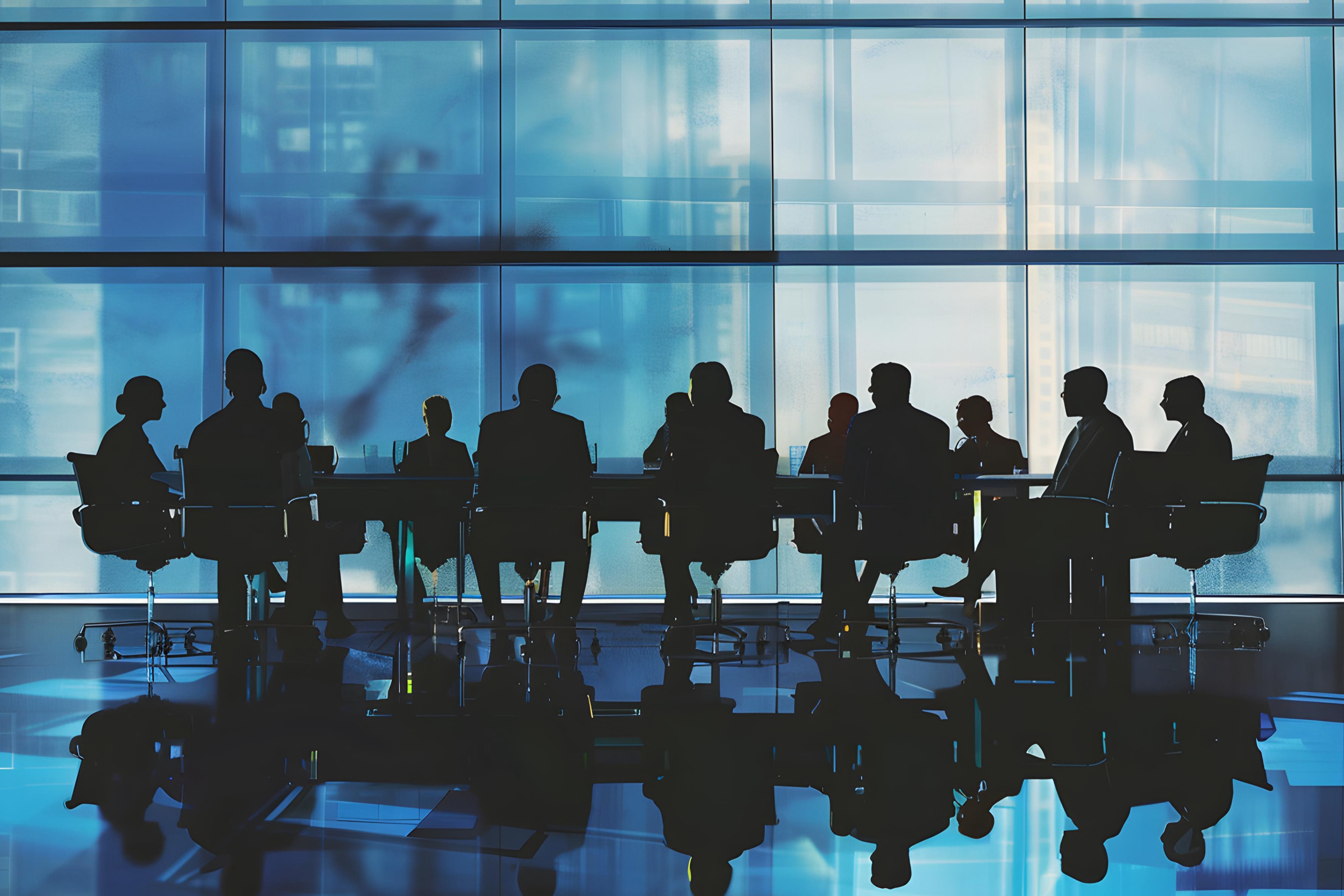 Business people having a discussion in a boardroom with a modern blue color background