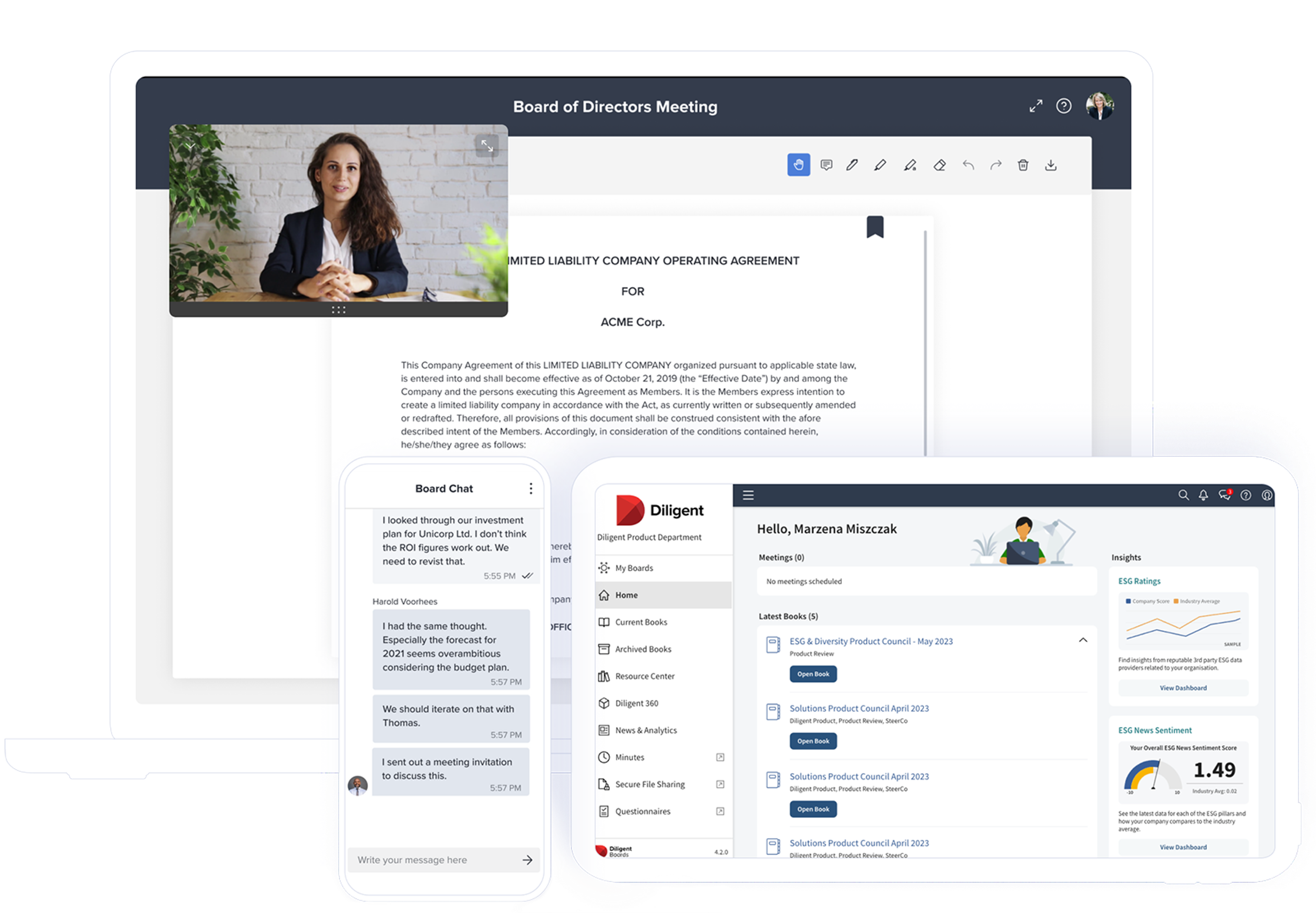 Diligent product dashboards and chat functionality for board members