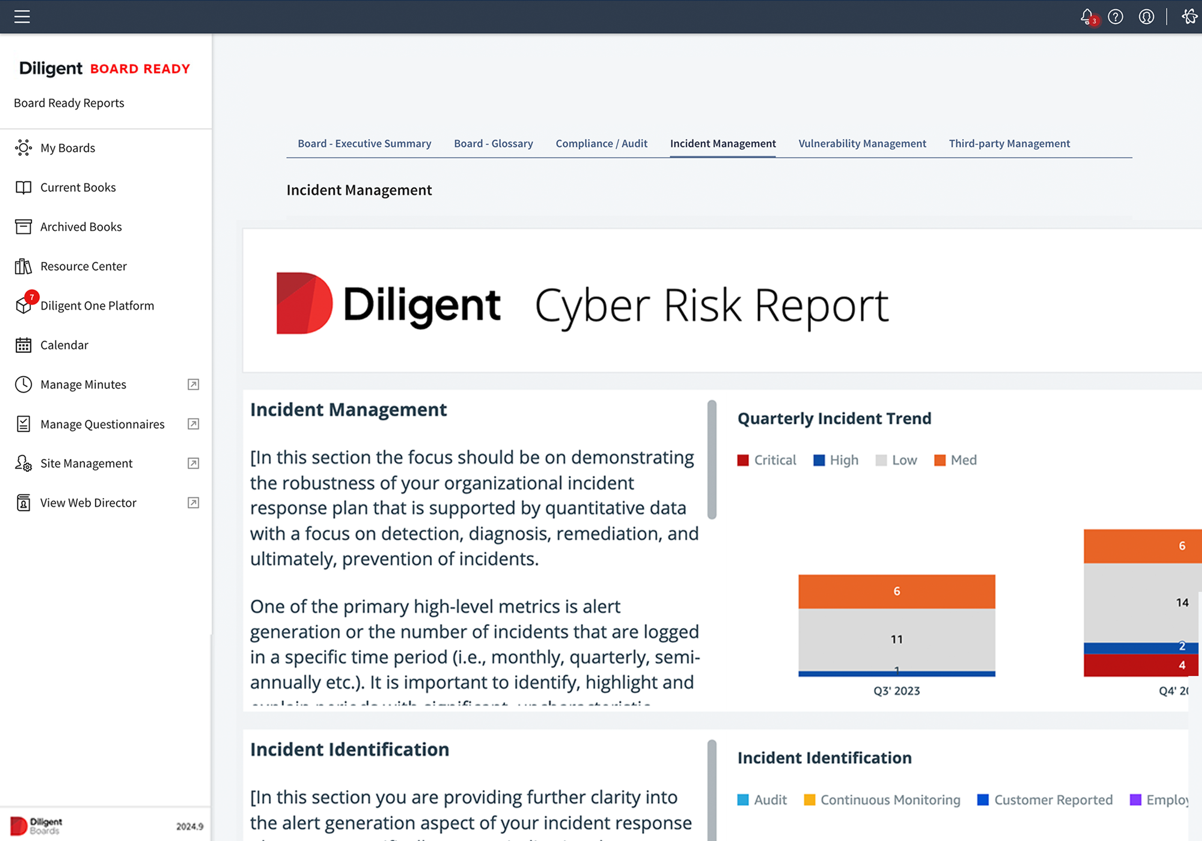 Diligent Boards cyber risk report showing incident management metrics and quarterly trend data, supporting board-level oversight of cybersecurity strategies like how to implement zero trust across the organization