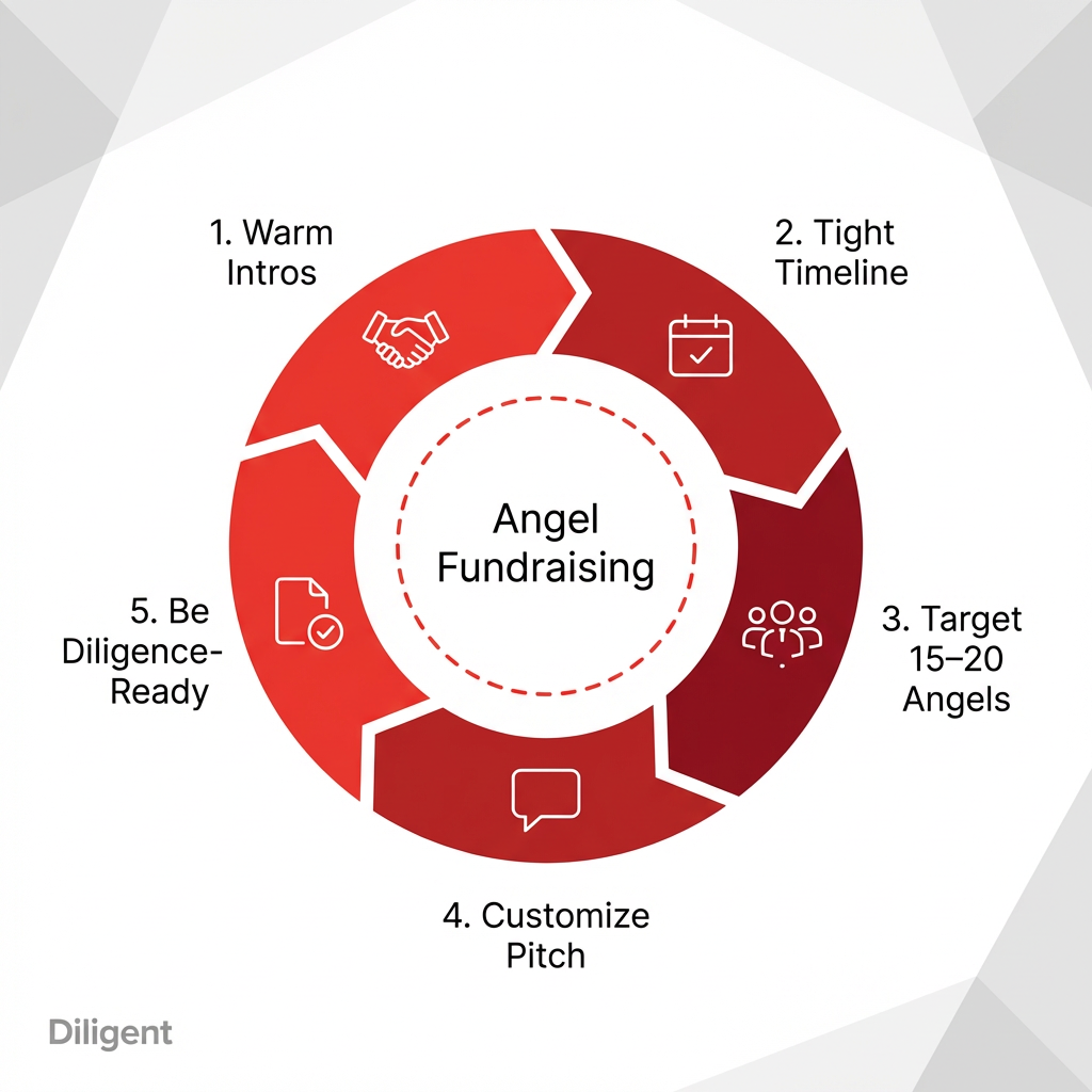 Angel investor pitch deck fundraising tips: warm intros, tight timeline, target 15-20 angels, customize pitch and be diligence-ready