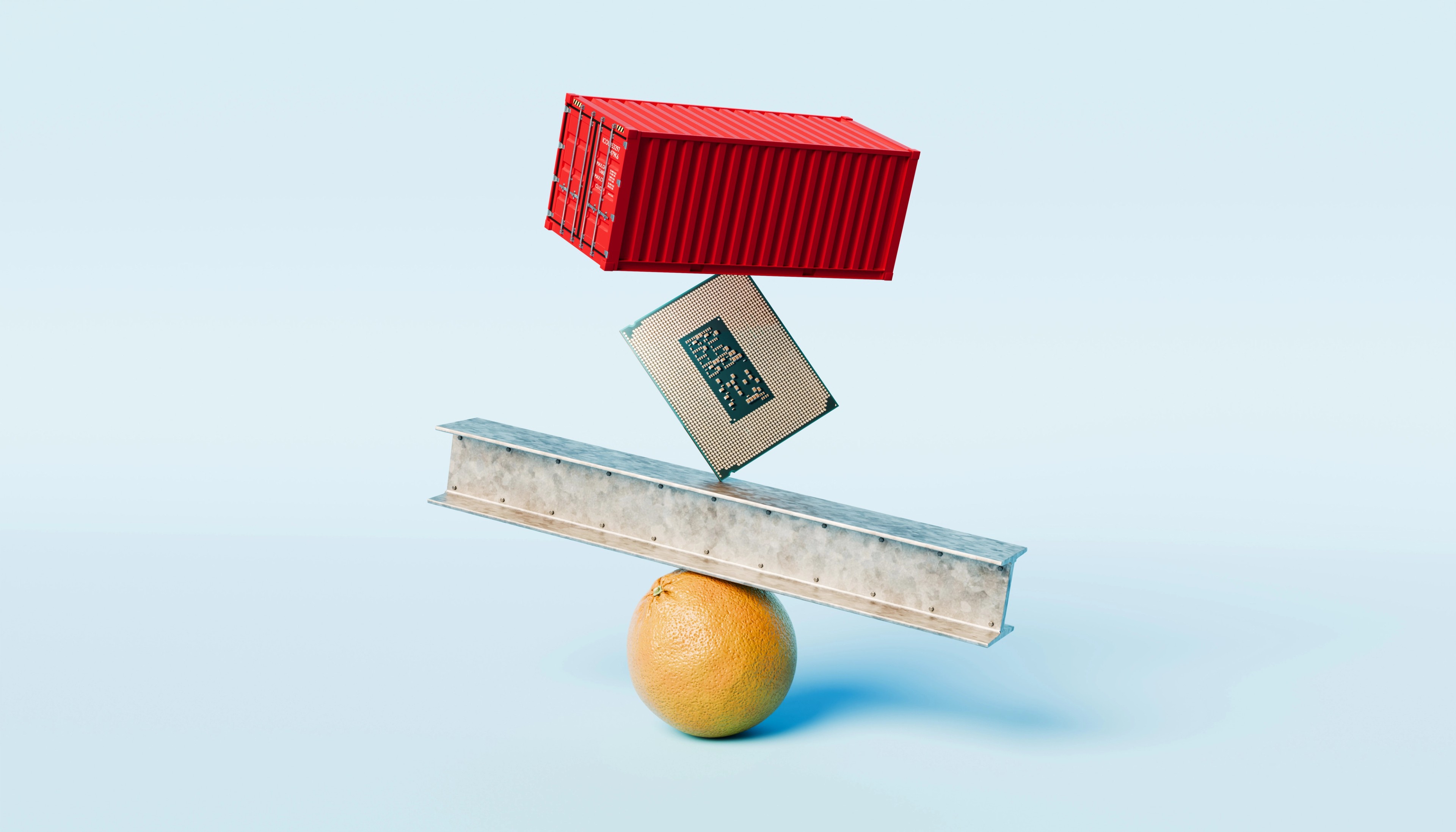 Shipping Container Chip and Steel Beam Balancing on Orange Symbol