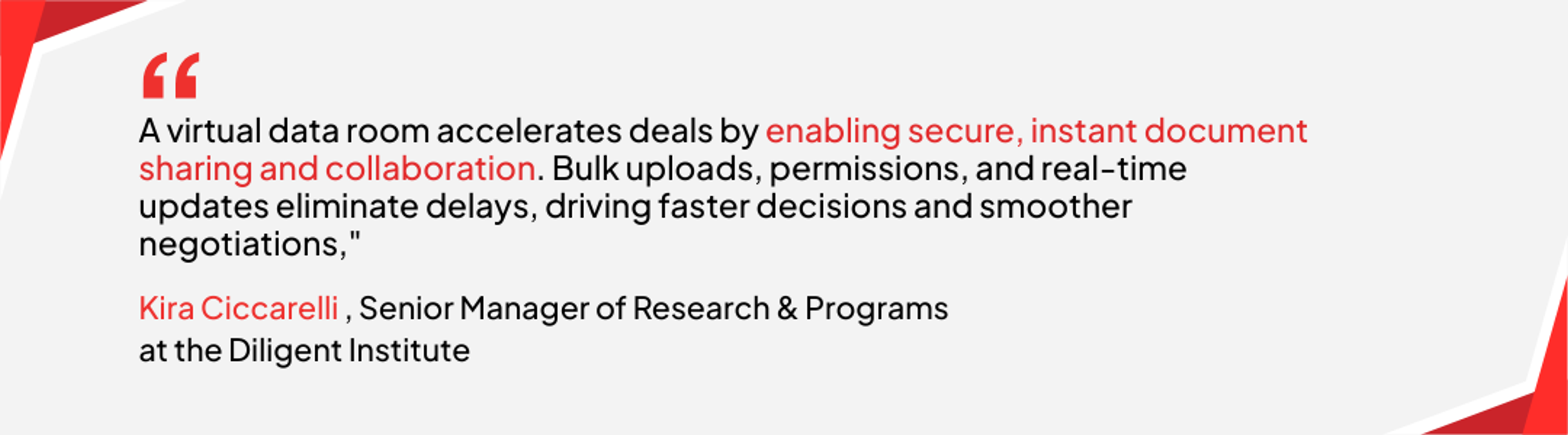 Diligent Institute expert quote on what is a virtual data room, highlighting how VDRs enable secure document sharing and collaboration for faster deal execution and smoother negotiations