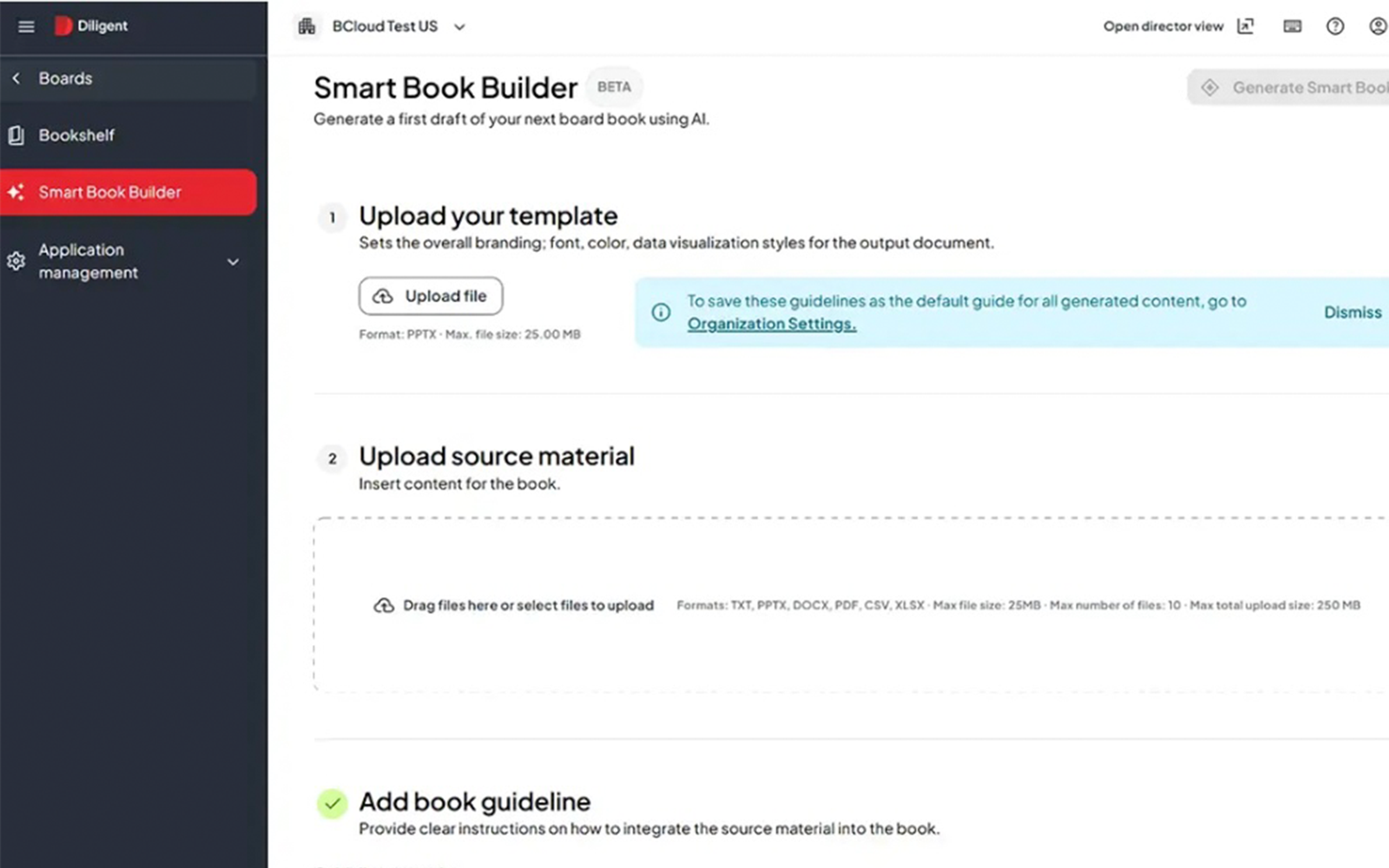 Smart Book Builder interface showing how to upload templates and source materials for AI-powered meeting motion preparation and board book creation