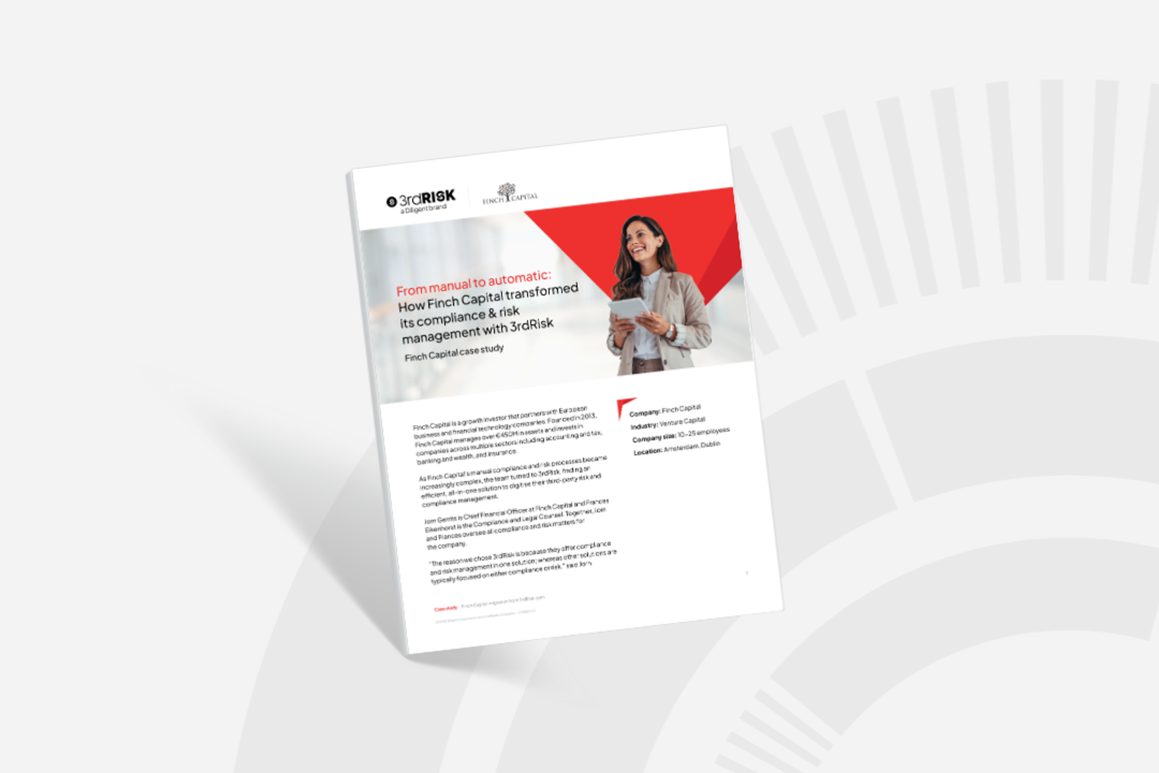 A look at the front cover of a case study focusing on Finch Capital's usage of 3rdRisk, a Diligent brand