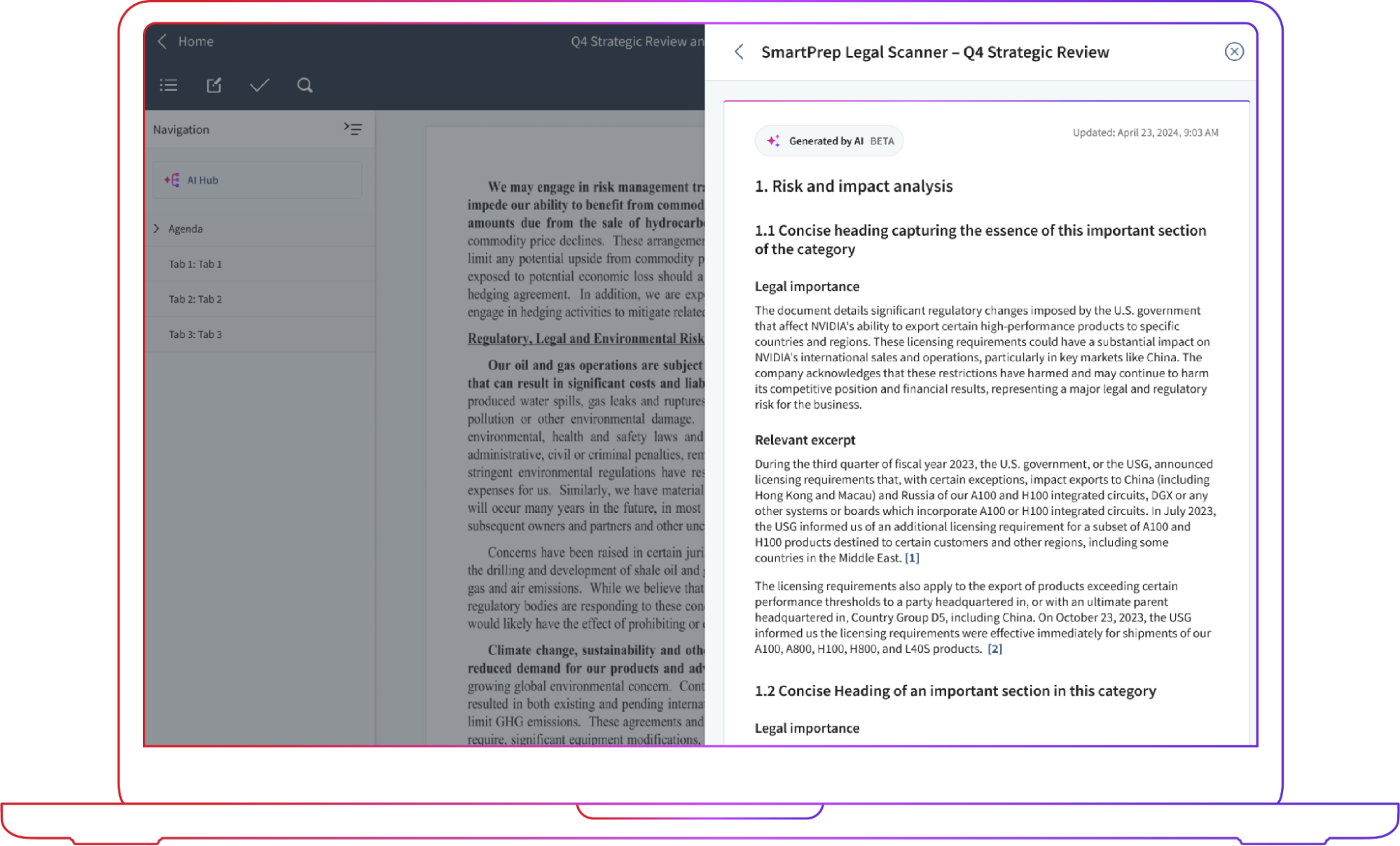 SmartPrep interface analyzing board materials for a Q4 strategic review, surfacing AI-generated risk and impact insights that complement Diligent's ai meeting minutes generator capabilities