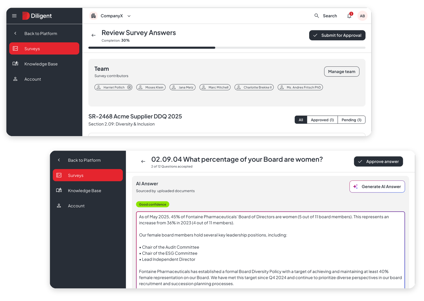 Diligent SurveySync product UI