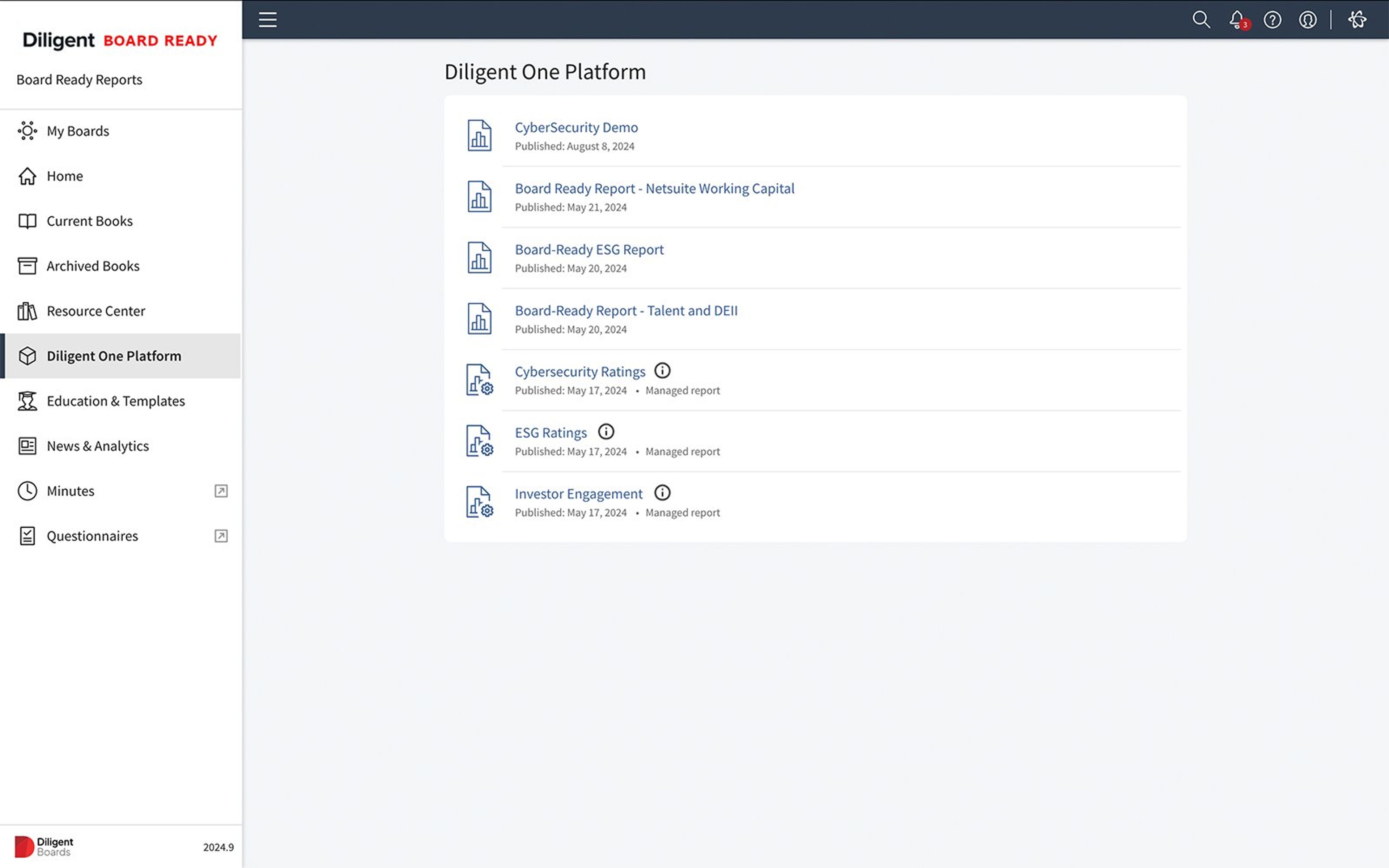 Diligent One Platform interface showing a list of board ready reports including cybersecurity, ESG, talent, and investor engagement, demonstrating how board management software centralizes governance reporting.
