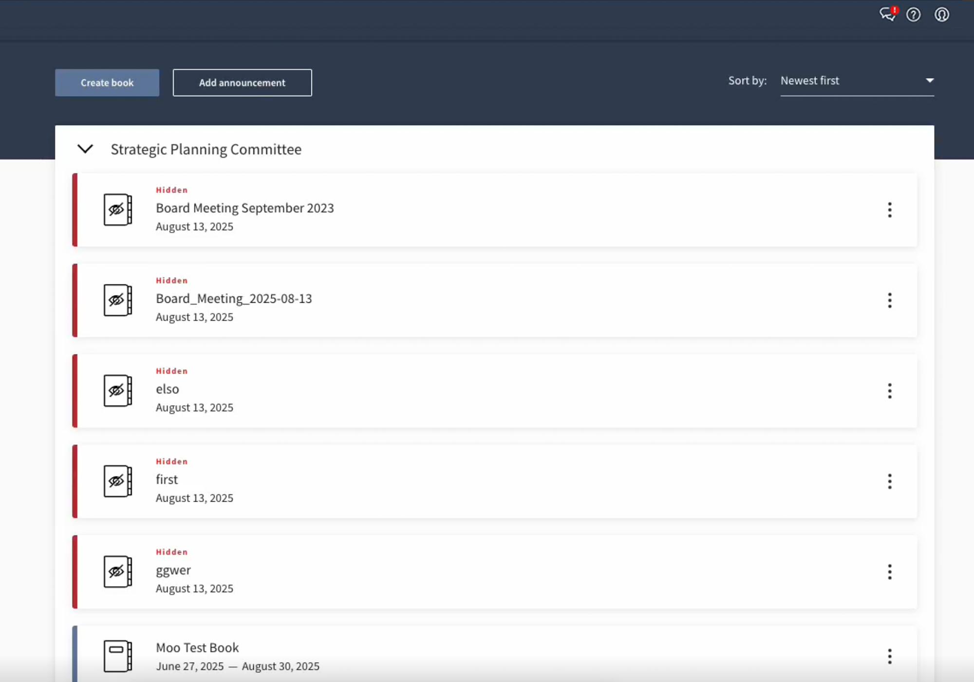 Diligent board management platform displaying Strategic Planning Committee books